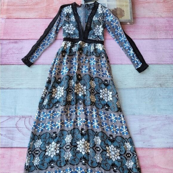 NWT‎ For Love & Lemons Juliet Floral  Lattice Trim A-line Semi Sheer Maxi Dress - Picture 9 of 15